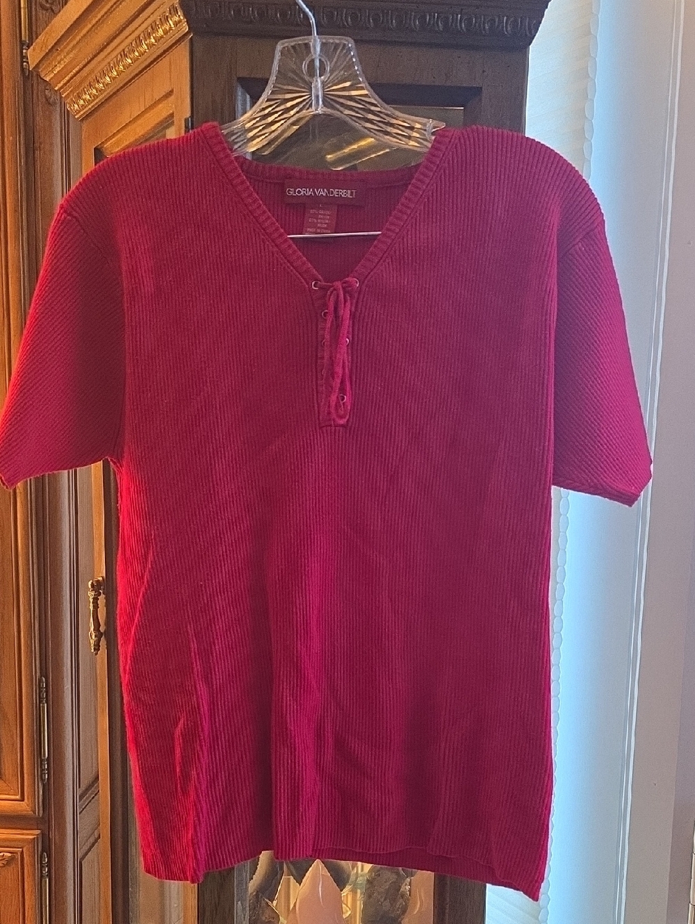 Gloria Vanderbilt Ribbed Lace-Up Top in Red